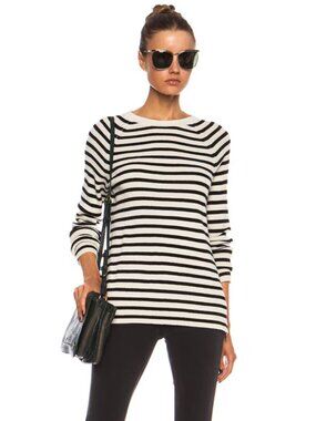 EQUIPMENT Lucien Ivory Black Striped Wool Yak Ribbed Knit Zipper Sweater, Size S